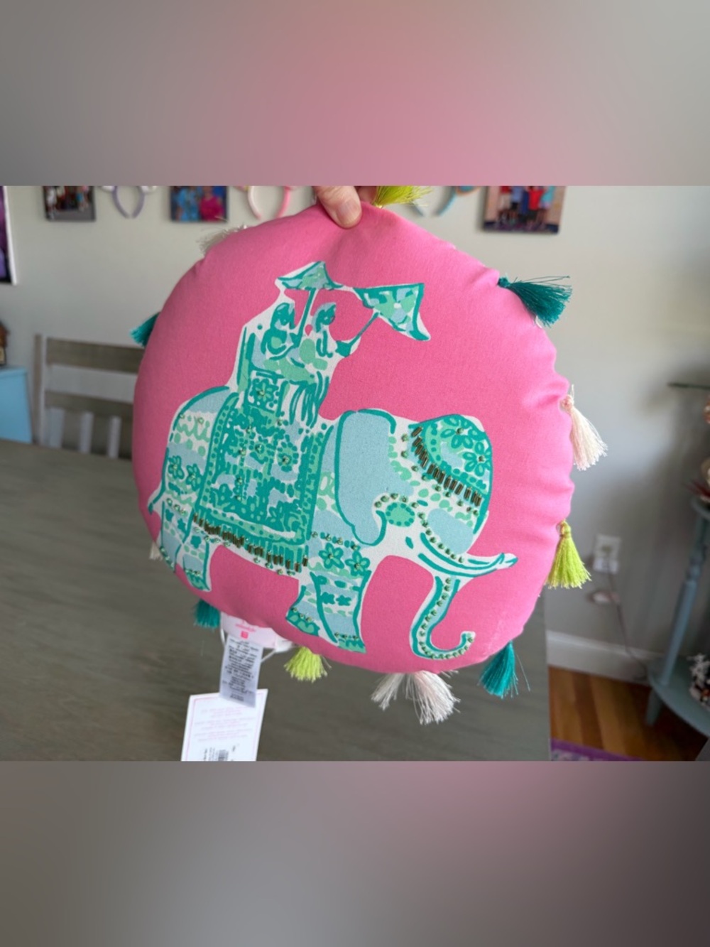 NWT Lilly Pulitzer Pottery Barn 14” round pillow pink elephant Bazar tassels - Picture 4 of 10